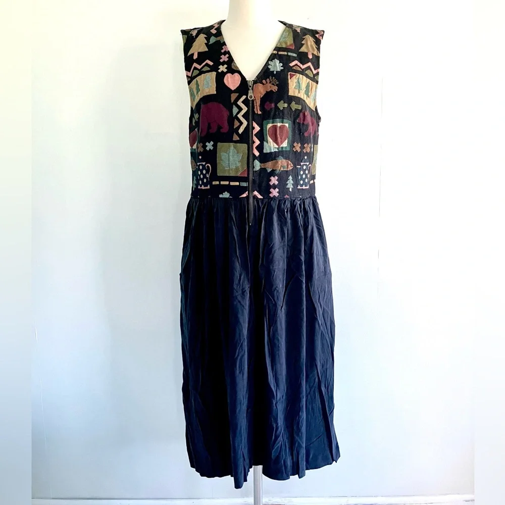 Vintage 80’s Twin Peaks brocade camping bib dress